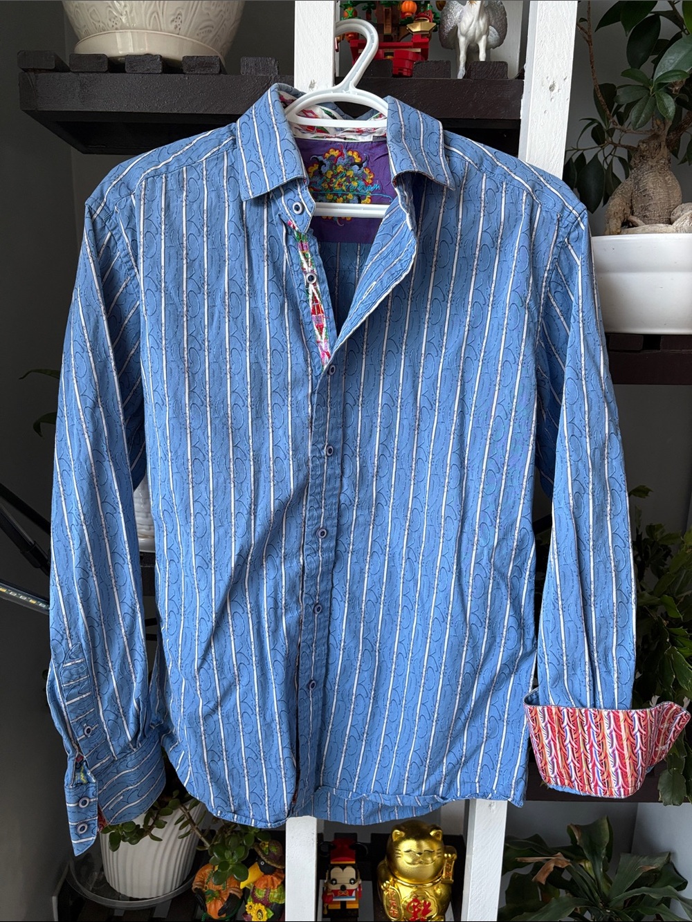 Robert Graham Blue and White Striped Button-Down Shirt with Contrast Trim